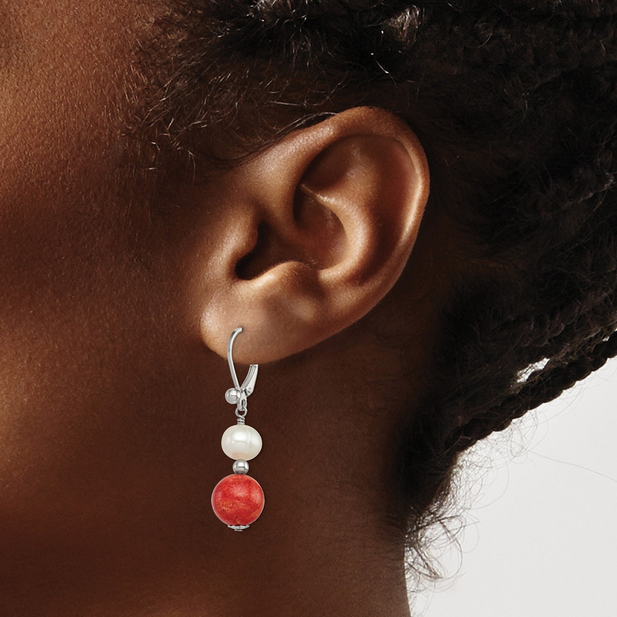 Sterling Silver Drop Earrings with Freshwater Pearls and Red Coral, Boho Style for Women