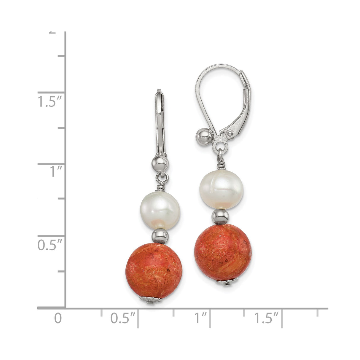 Sterling Silver Drop Earrings with Freshwater Pearls and Red Coral, Boho Style for Women