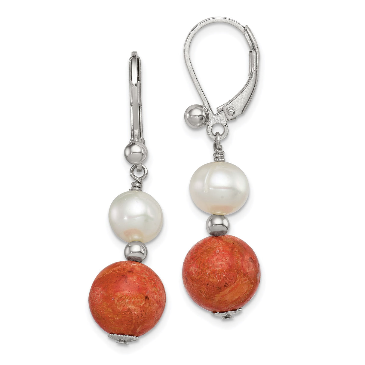 Sterling Silver Drop Earrings with Freshwater Pearls and Red Coral, Boho Style for Women