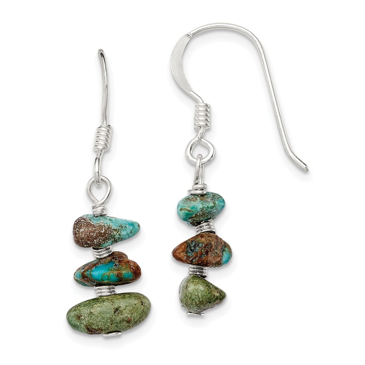 Sterling Silver Dangle Earrings with Turquoise Chips, Handmade Boho Style for Women