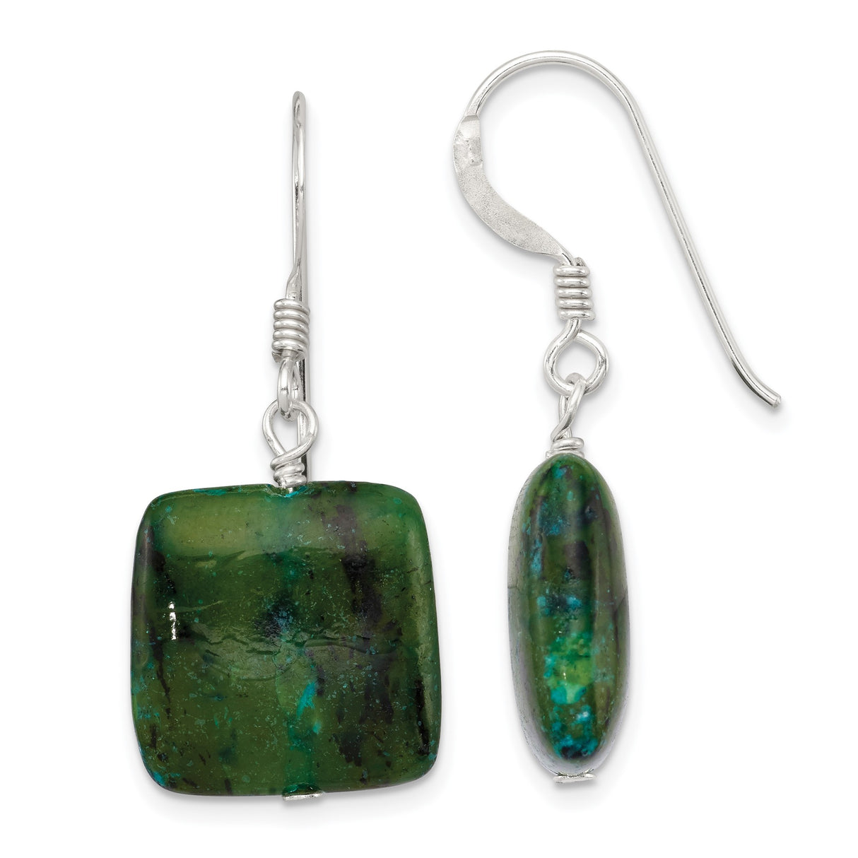 Sterling Silver Dangle Earrings with Square Chrysocolla Beads, Boho Minimalist Style