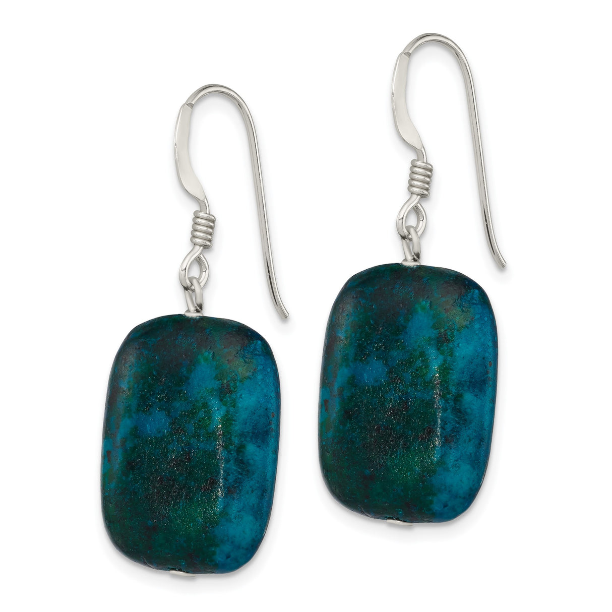 Sterling Silver Drop Earrings with Chrysocolla, Rectangular Boho Southwestern Design