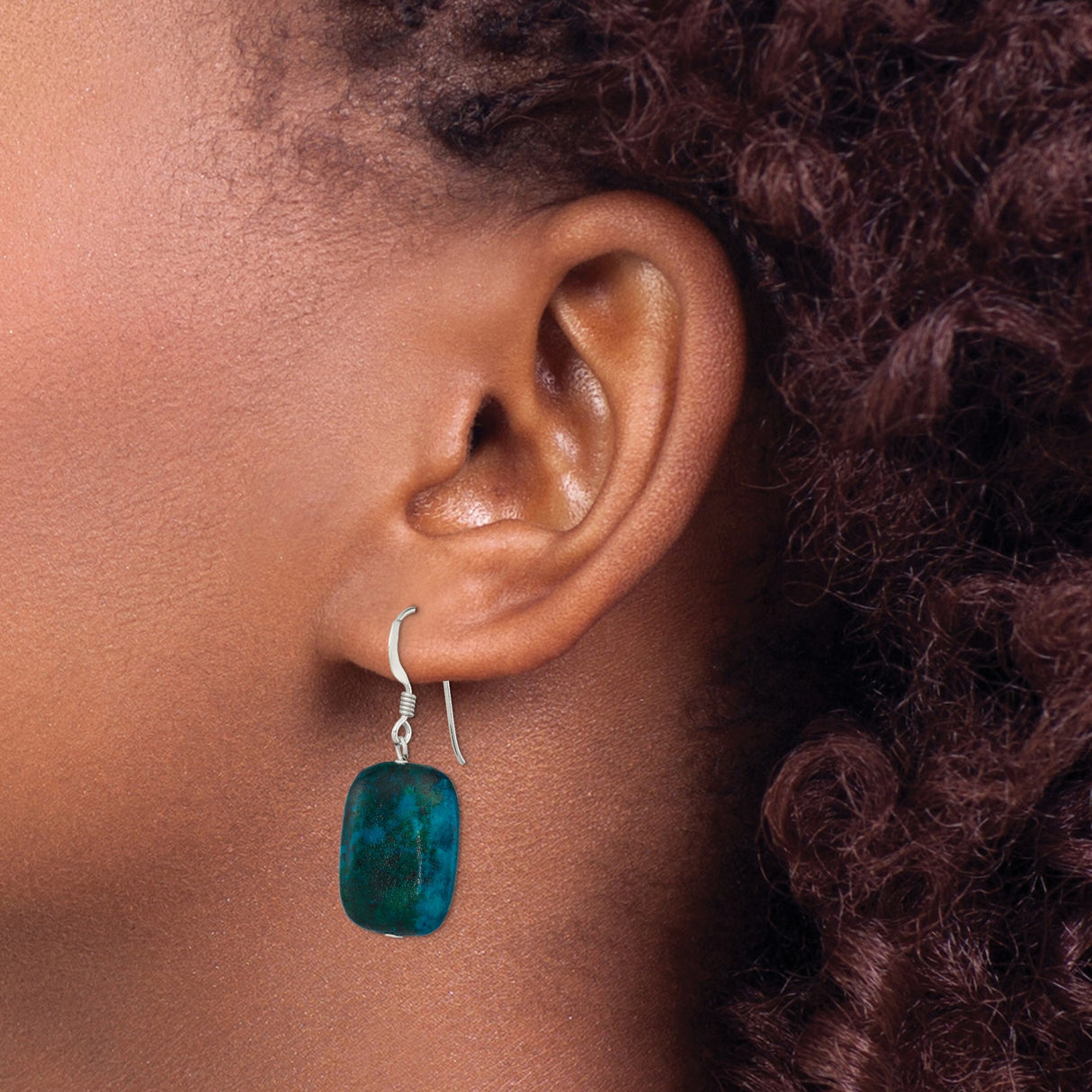 Sterling Silver Drop Earrings with Chrysocolla, Rectangular Boho Southwestern Design