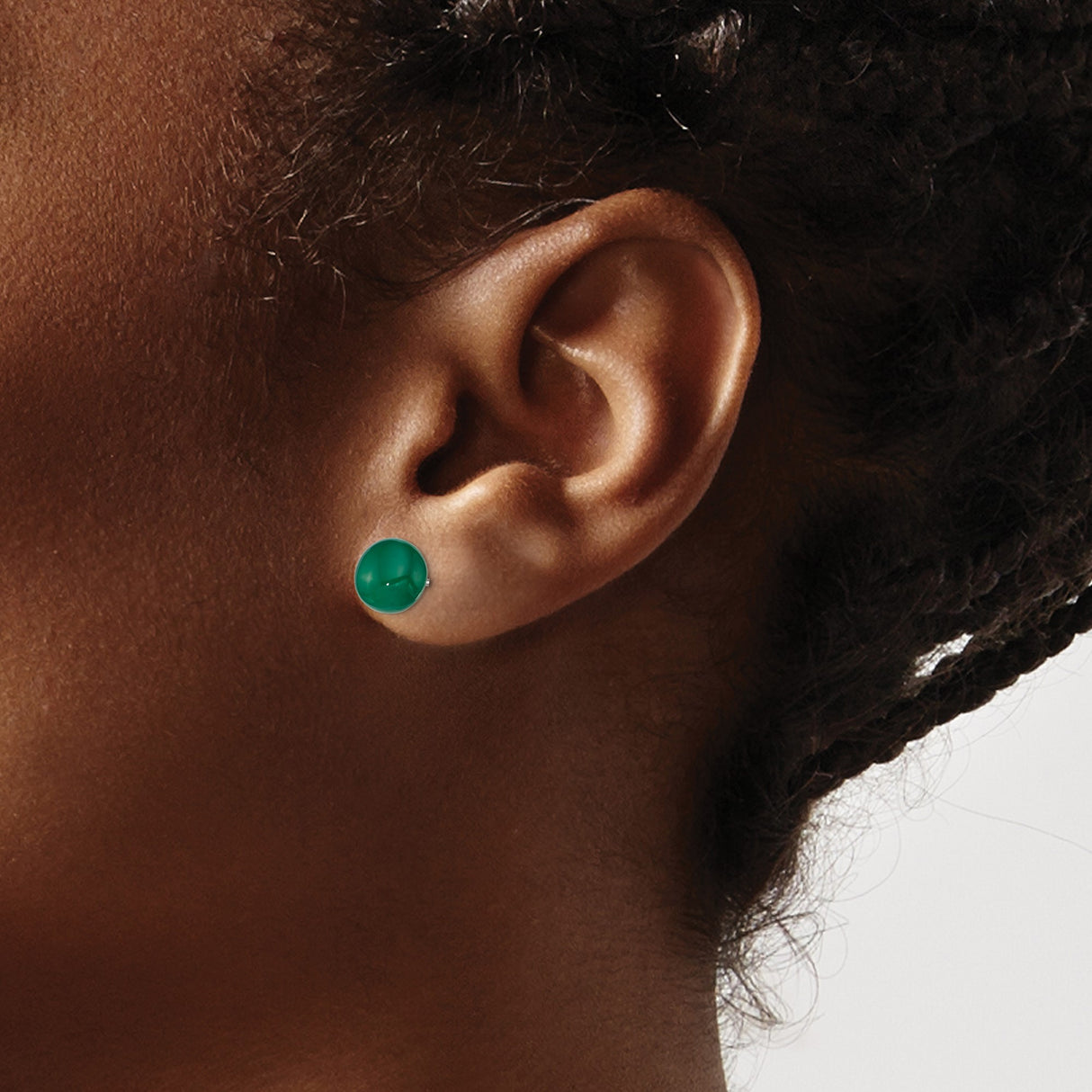 Sterling Silver Stud Earrings with Green Agate Cabochon, Round Minimalist Design