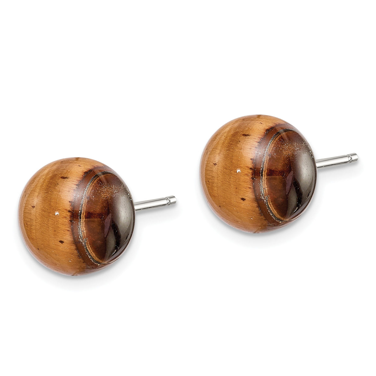 Sterling Silver Stud Earrings with Tiger Eye Gemstone, Polished Round Design