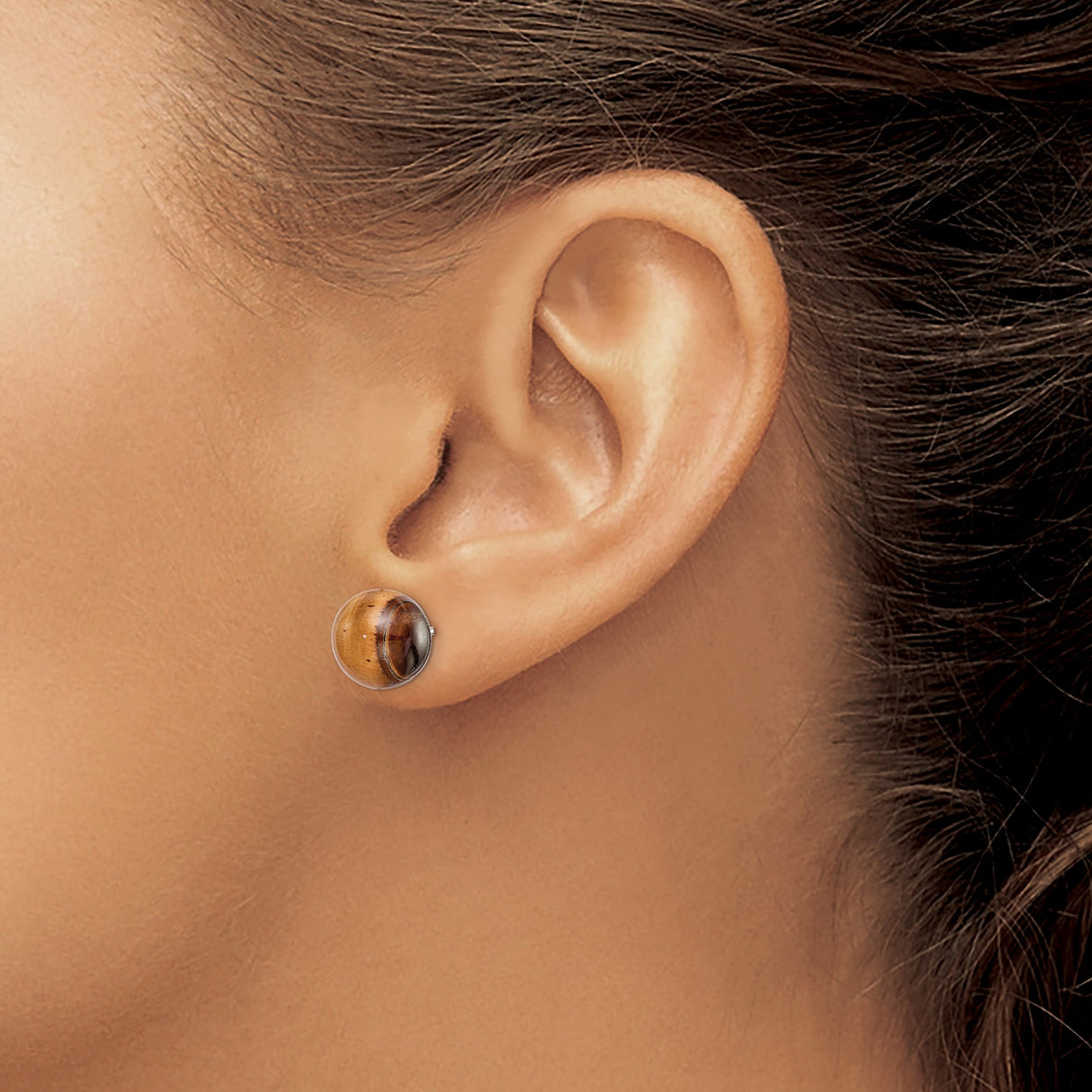 Sterling Silver Stud Earrings with Tiger Eye Gemstone, Polished Round Design