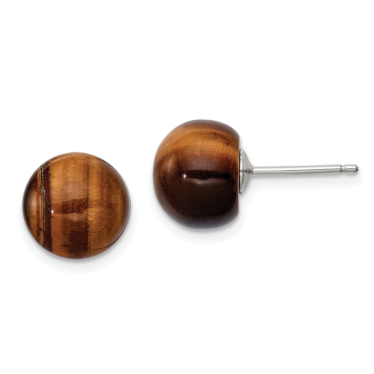 Sterling Silver Stud Earrings with Tiger Eye Gemstone, Polished Round Design