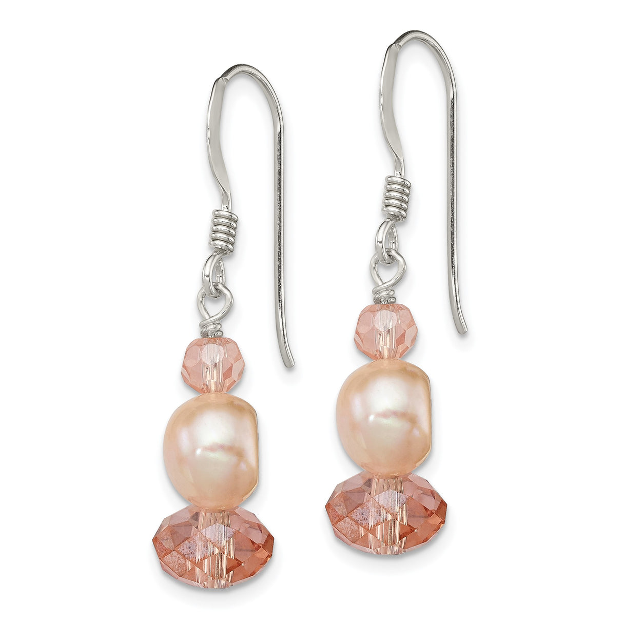 Sterling Silver Drop Earrings with Pink Freshwater Pearls and Crystals, Dangle Design for Women