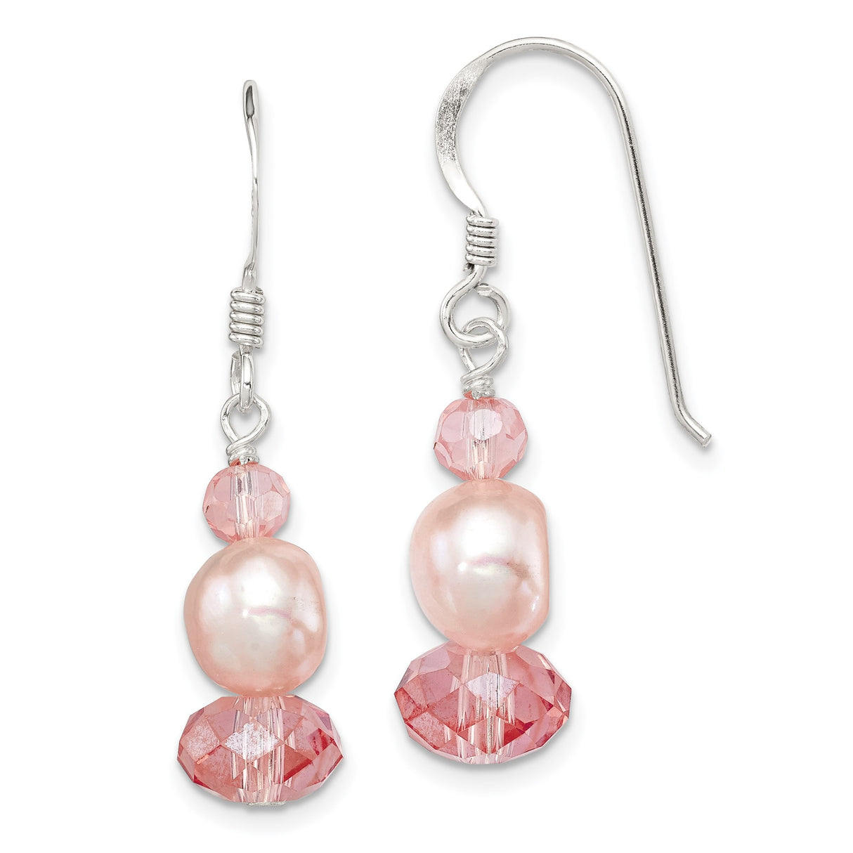 Sterling Silver Drop Earrings with Pink Freshwater Pearls and Crystals, Dangle Design for Women