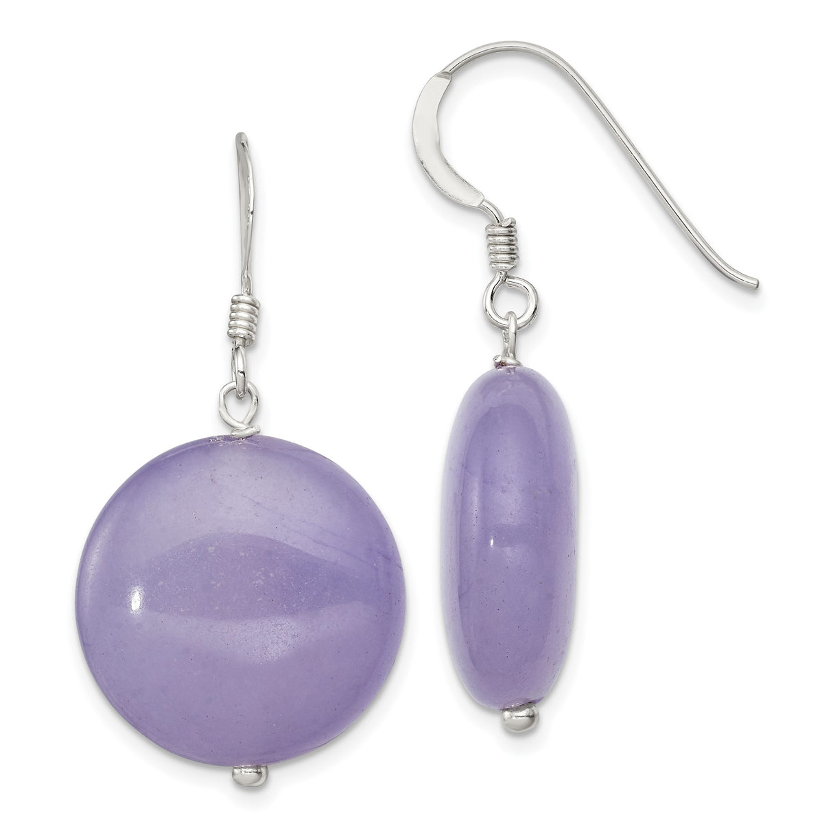 Sterling Silver Drop Earrings with Lavender Jade Discs, Minimal Dangle Design for Women