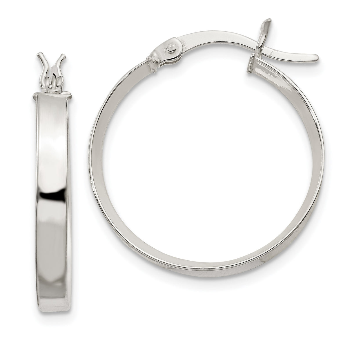 Sterling Silver Hoop Earrings, Sleek Flat Edge Design, High Polish Minimalist Style for Women