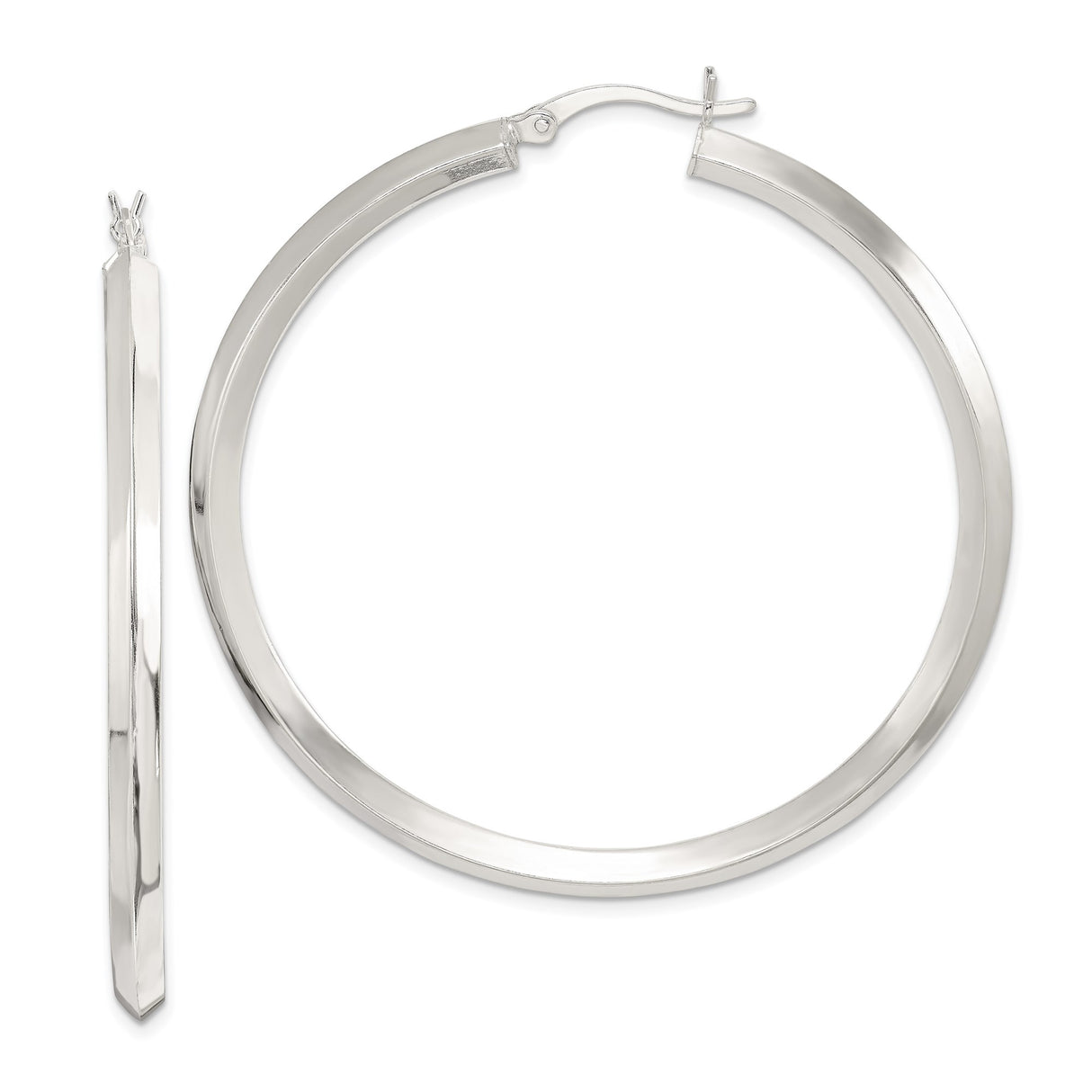 Sterling Silver Hoop Earrings, Modern Flat Edge Design, Large Lightweight Minimalist Style