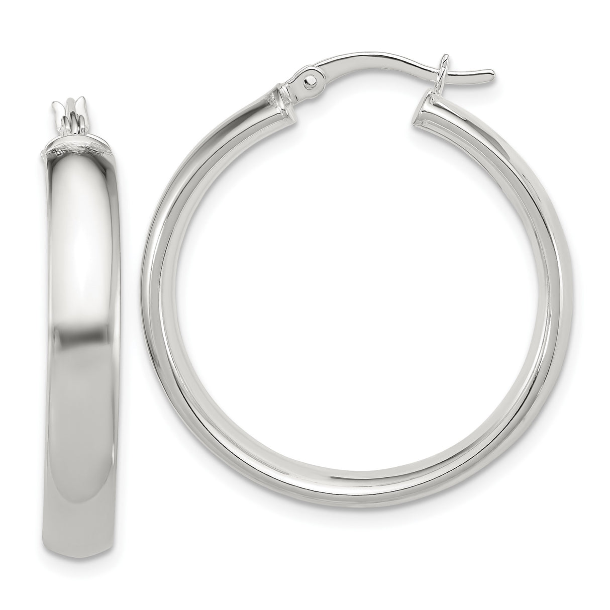Sterling Silver Hoop Earrings, Polished Round Medium Tube Design with Latch Closure for Women