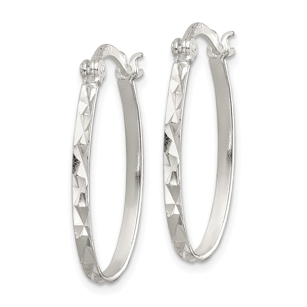 Sterling Silver Oval Hoop Earrings with Diamond Cut Textured Design for Women