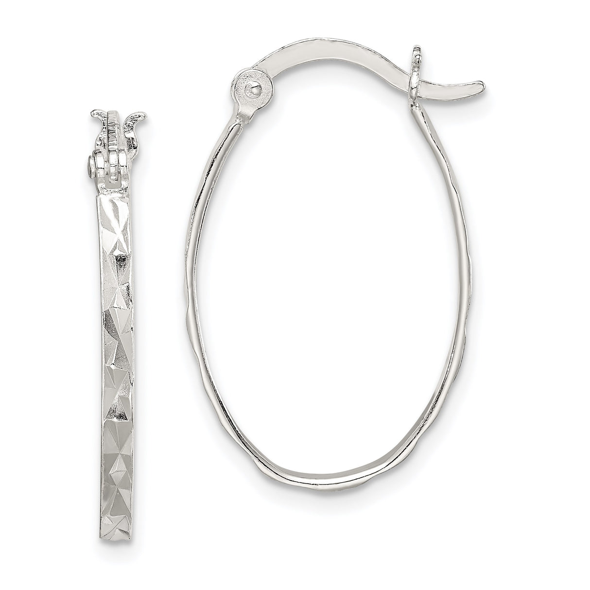 Sterling Silver Oval Hoop Earrings with Diamond Cut Textured Design for Women