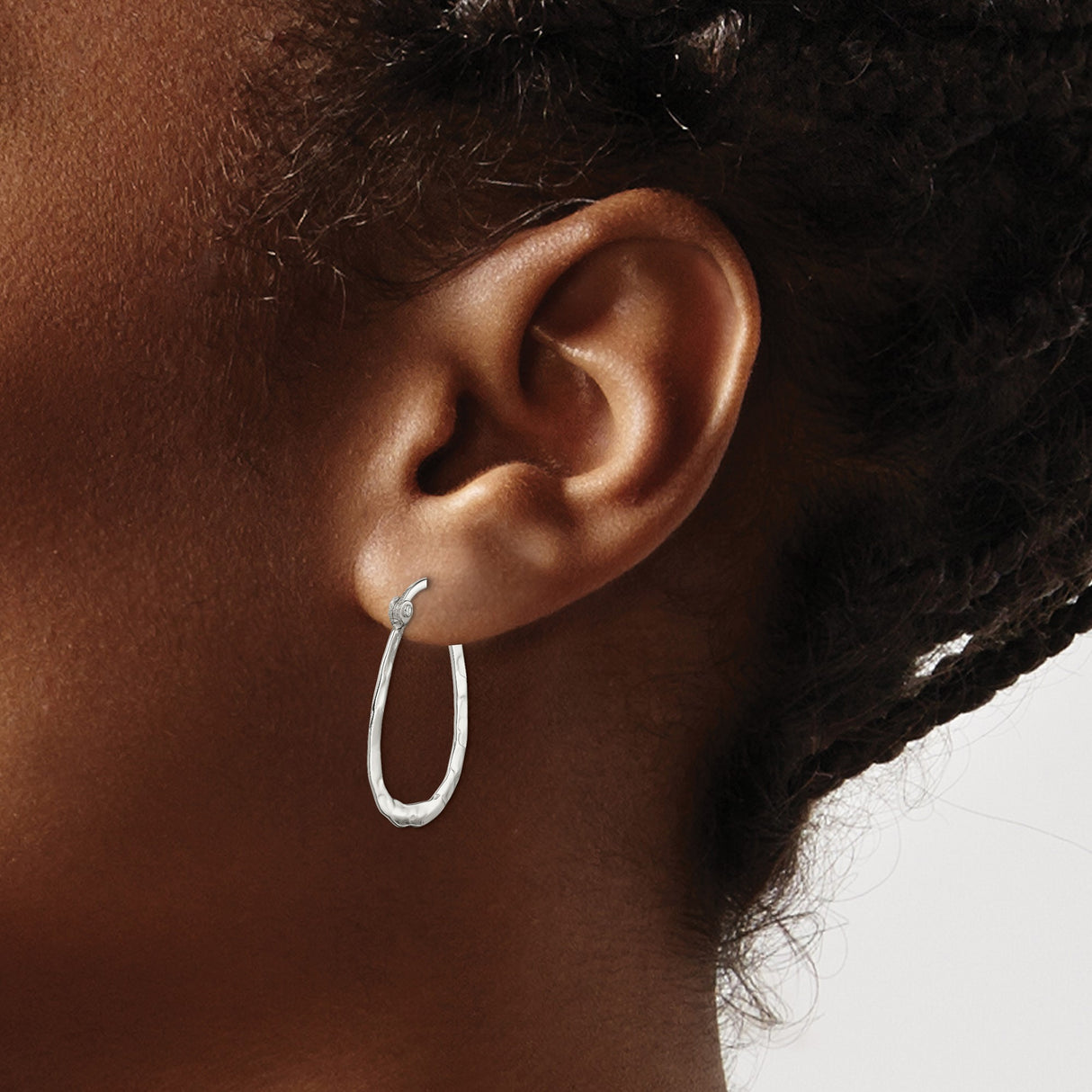 Sterling Silver Oval Hoop Earrings with Textured Hammered Finish, Latch-Back Closure