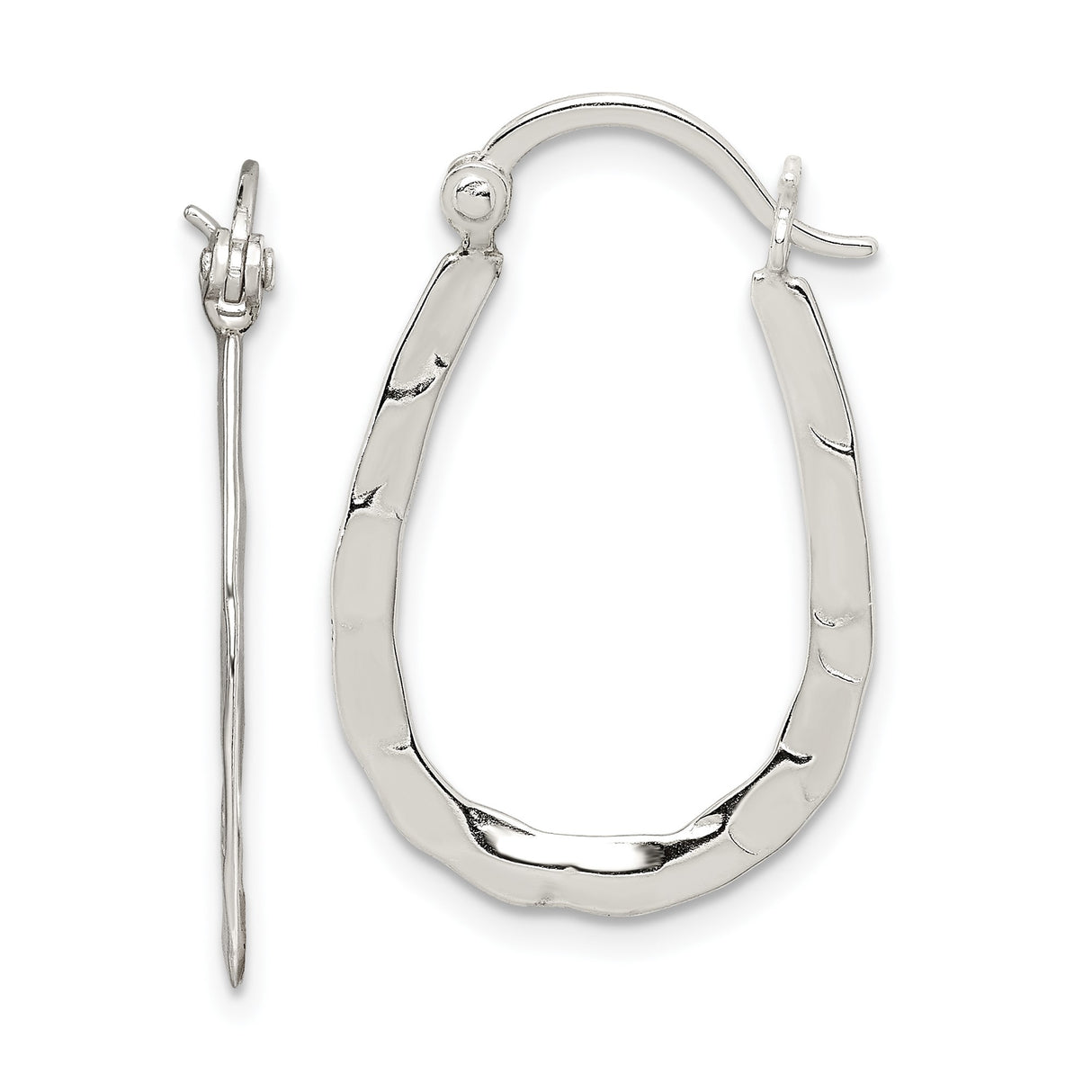 Sterling Silver Oval Hoop Earrings with Textured Hammered Finish, Latch-Back Closure