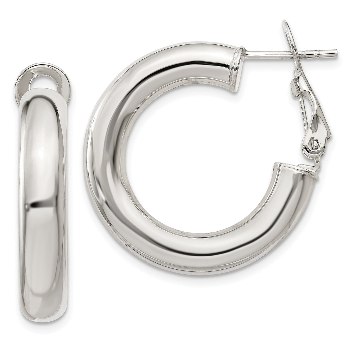 Sterling Silver Hoop Earrings, Thick Round Tube Design with Latch-Back Closure