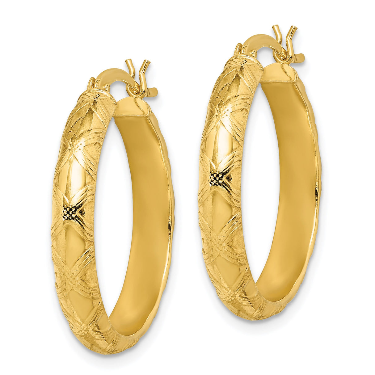 Sterling Silver Hoop Earrings, Gold Plated with Diamond Cut Texture and Latch Back Closure