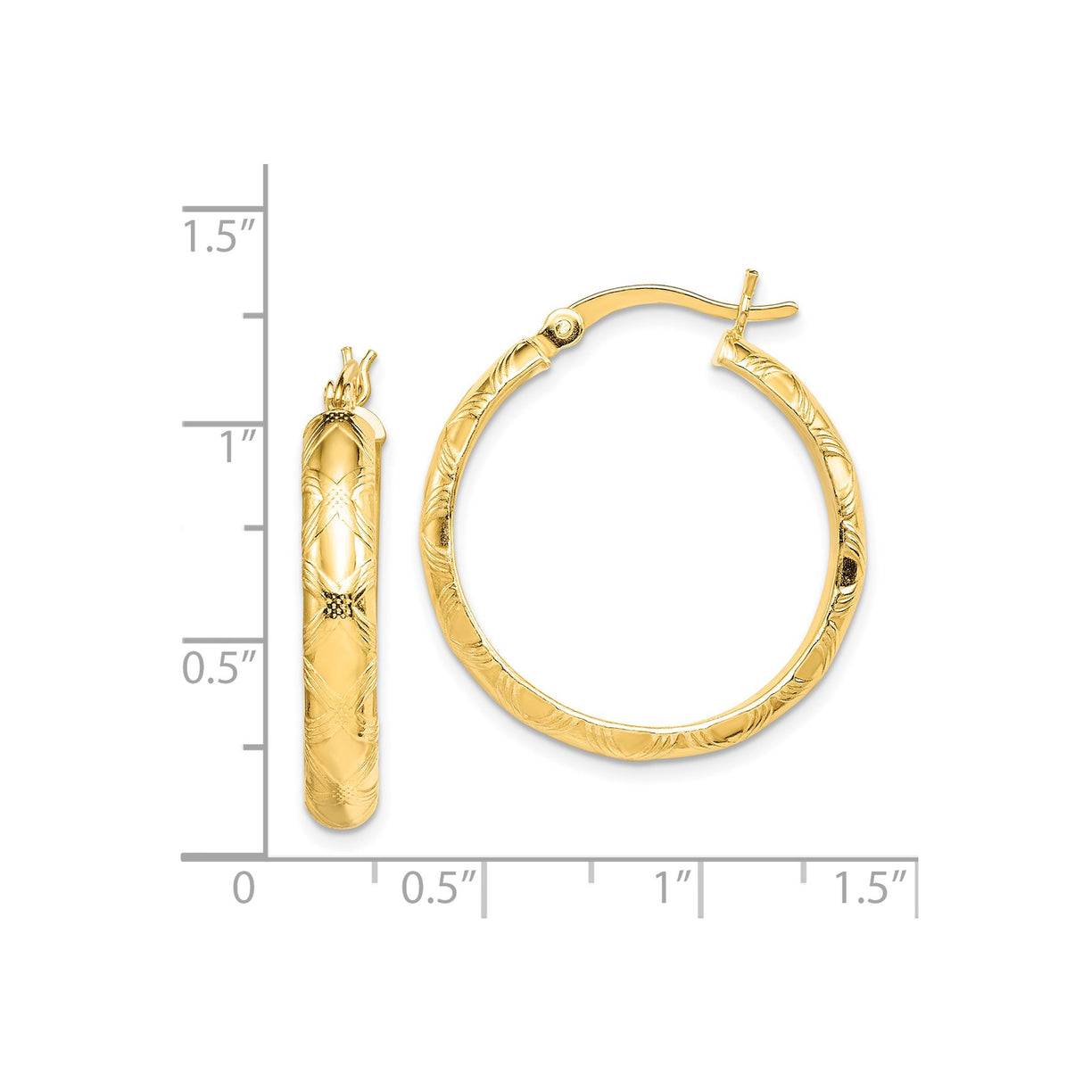 Sterling Silver Hoop Earrings, Gold Plated with Diamond Cut Texture and Latch Back Closure