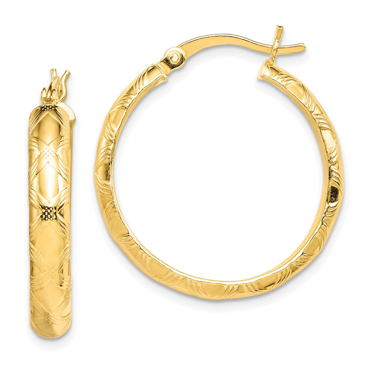 Sterling Silver Hoop Earrings, Gold Plated with Diamond Cut Texture and Latch Back Closure