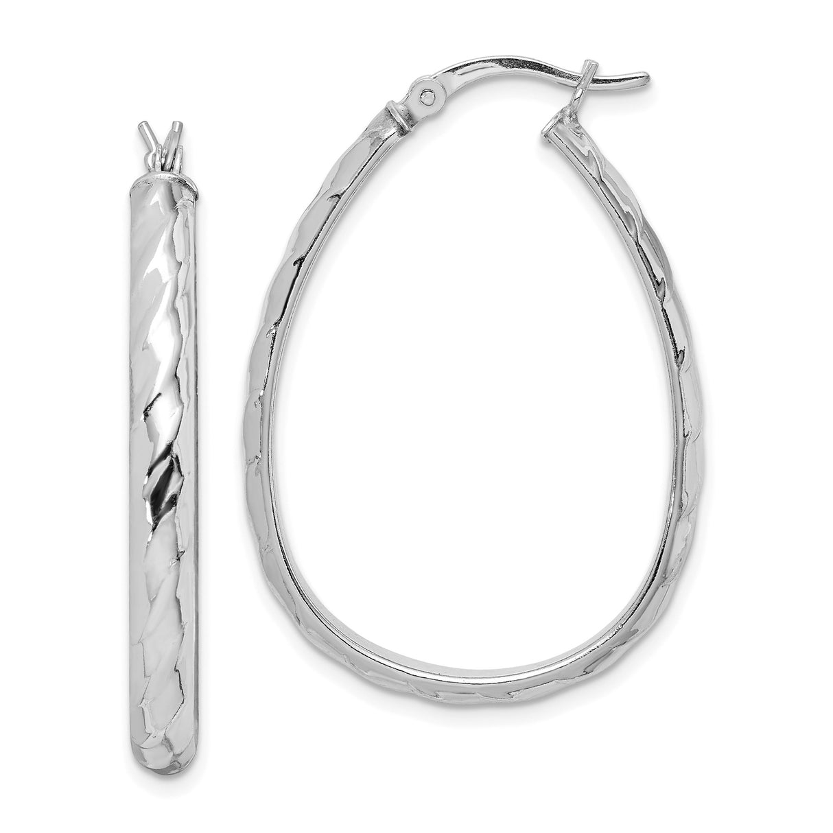 Sterling Silver Teardrop Hoop Earrings, Diamond Cut Twisted Oval Design for Women