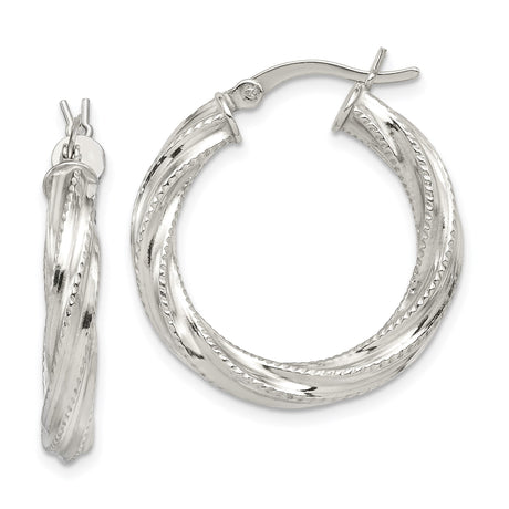 Sterling Silver Twisted Hoop Earrings with Rope Texture and High Polish Finish
