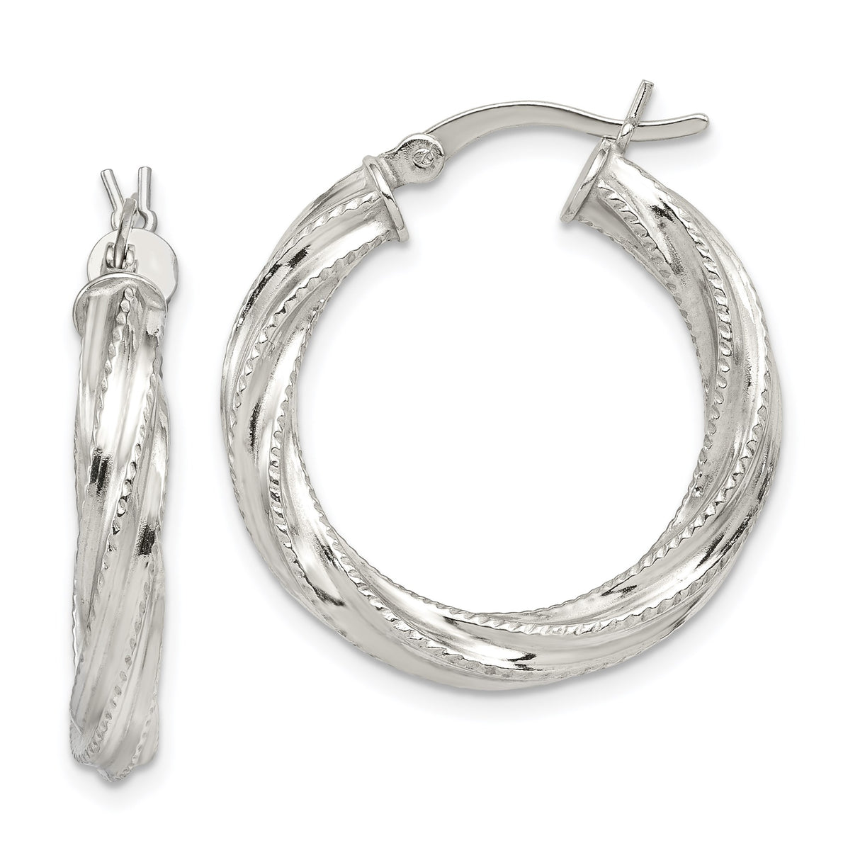 Sterling Silver Twisted Hoop Earrings with Rope Texture and High Polish Finish