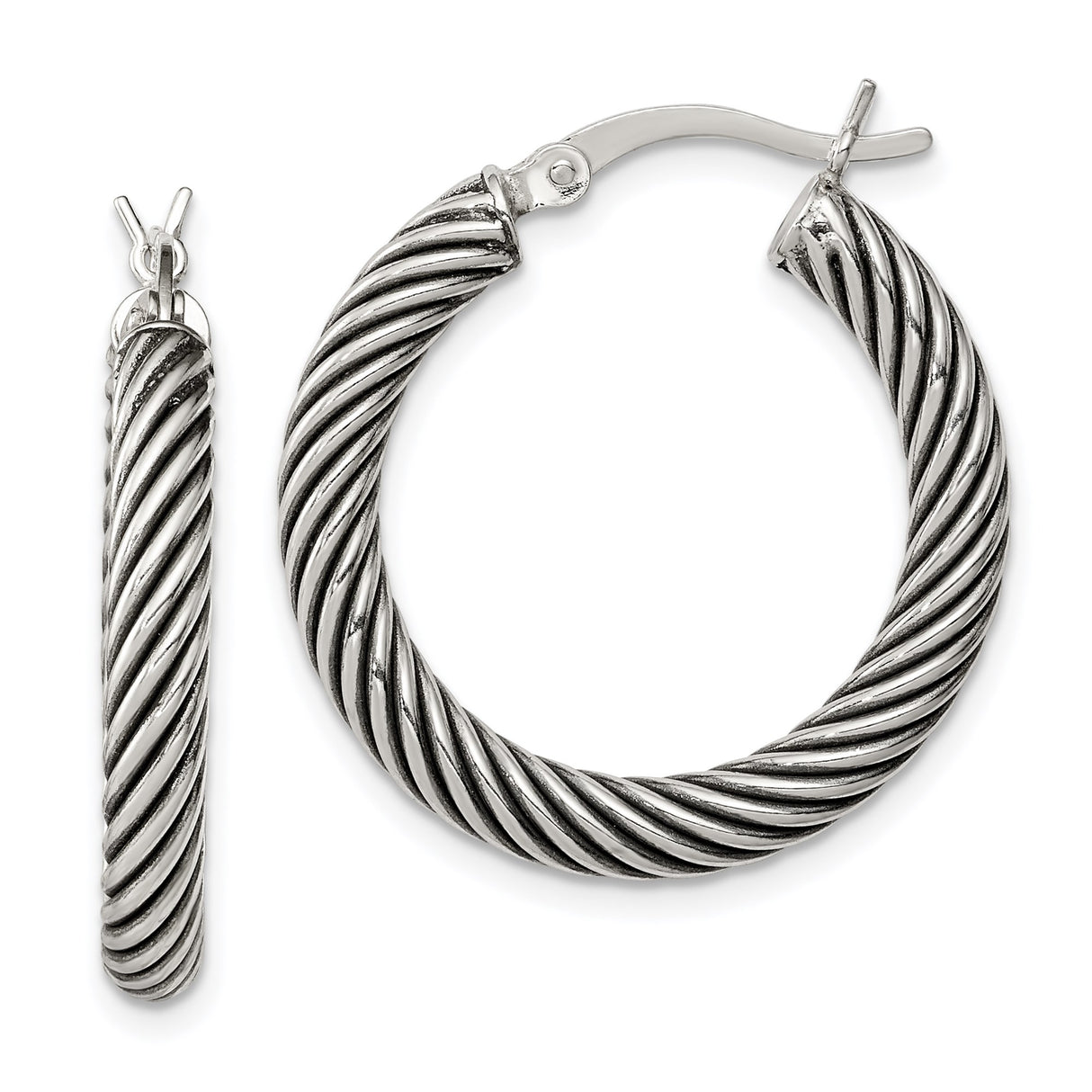 Sterling Silver Twisted Rope Hoop Earrings with Bold Cable Design and Textured Finish