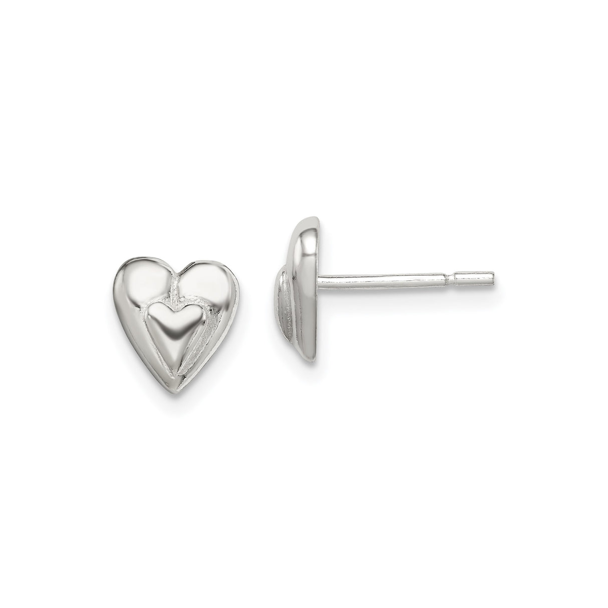 Sterling Silver Heart Stud Earrings, Double Heart Design, Polished Finish, Dainty Romantic Style