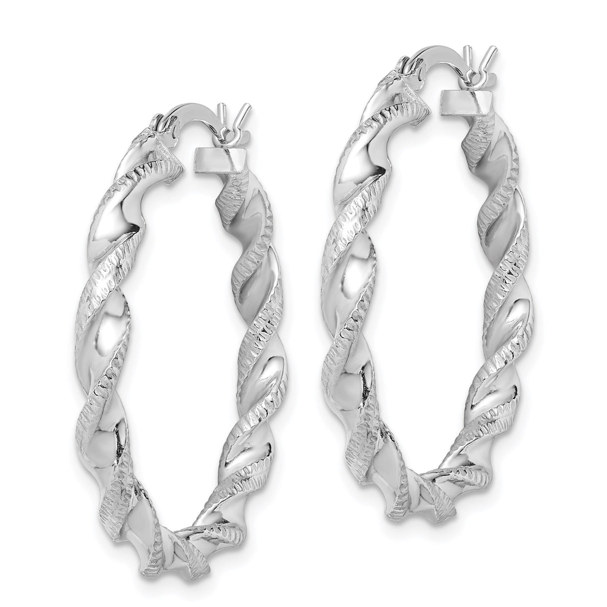 Sterling Silver Twisted Hoop Earrings with Rhodium Plating and Diamond-Cut Texture