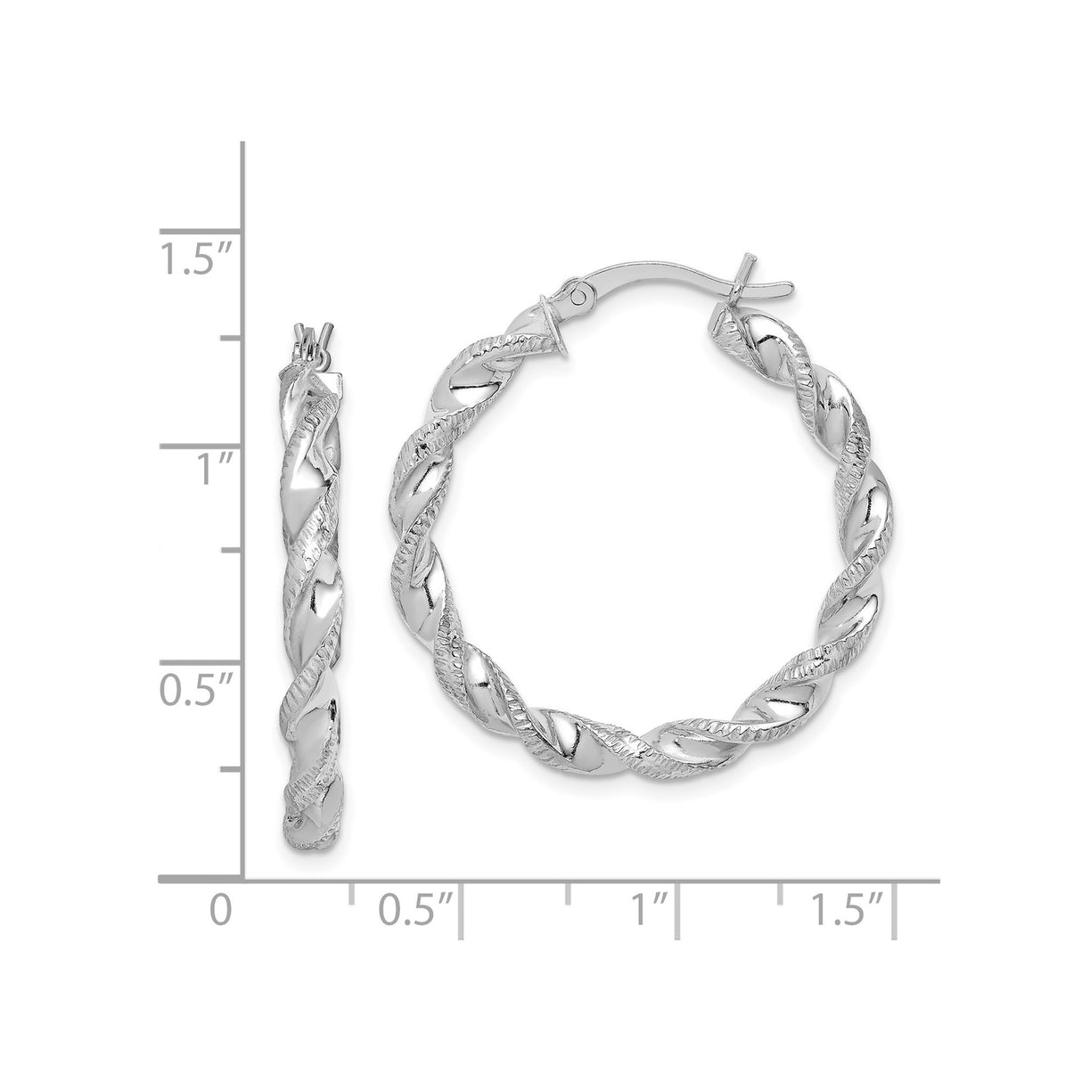 Sterling Silver Twisted Hoop Earrings with Rhodium Plating and Diamond-Cut Texture