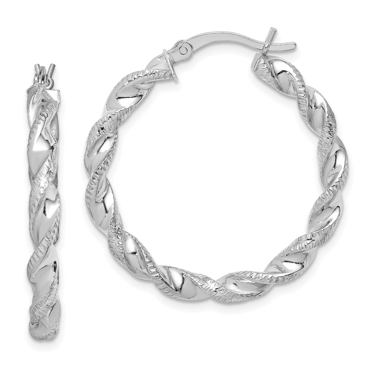 Sterling Silver Twisted Hoop Earrings with Rhodium Plating and Diamond-Cut Texture