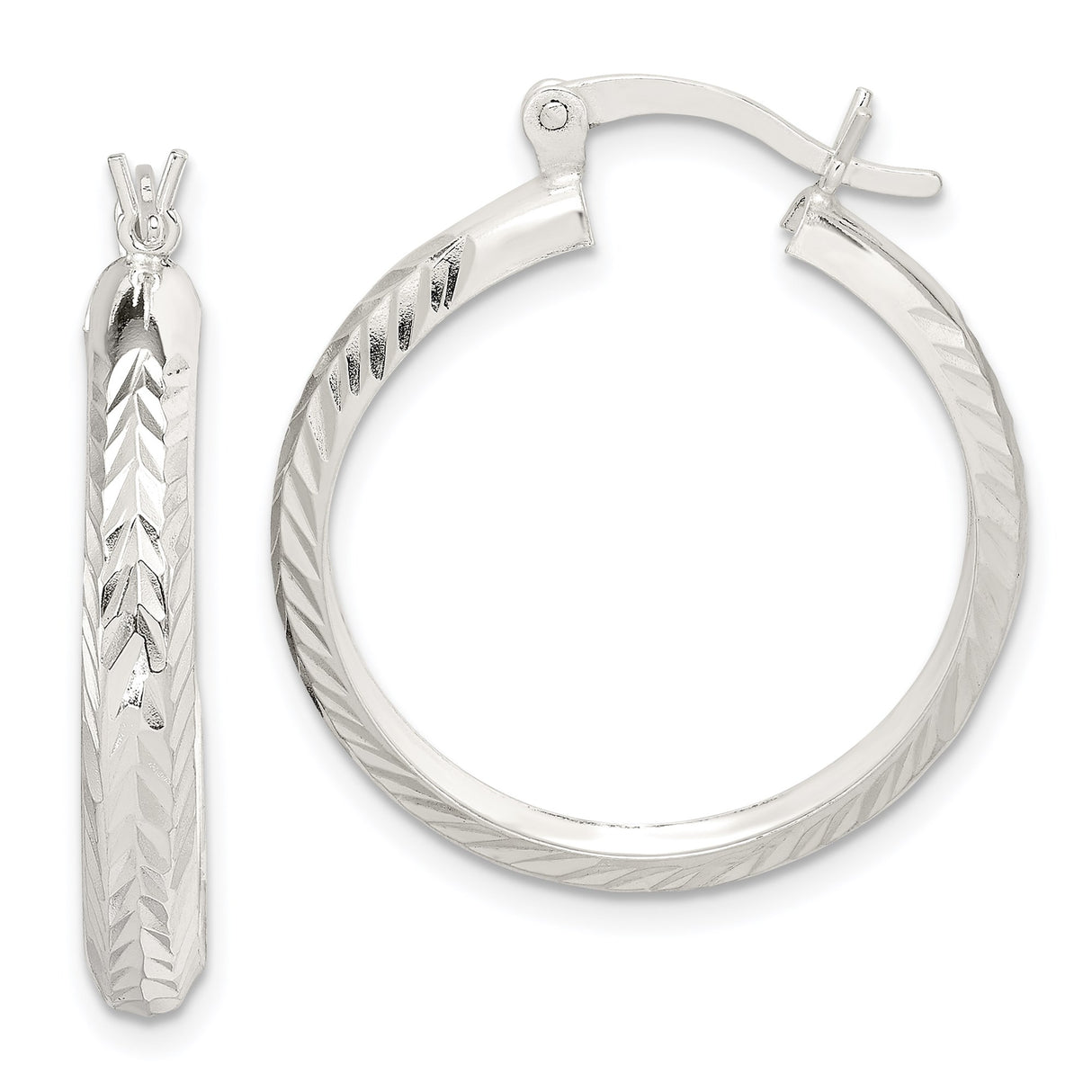 Sterling Silver Hoop Earrings, Textured Chevron Pattern with Diamond Cut Finish, Hinged Closure