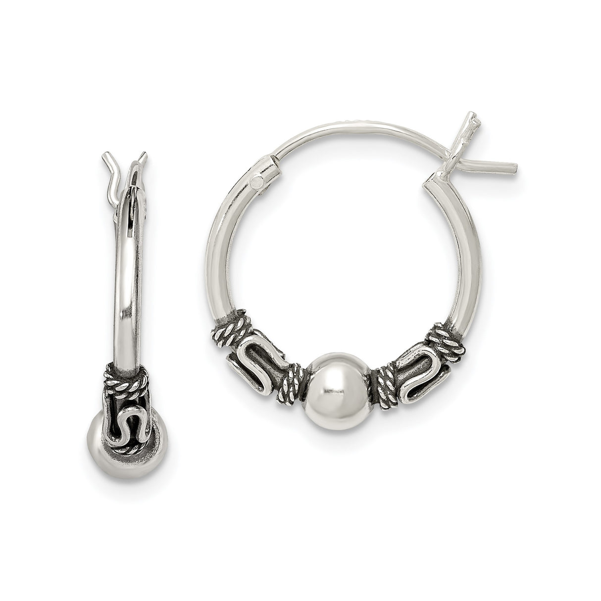 Sterling Silver Bali Hoop Earrings with Twisted Rope Detail and Scroll Design