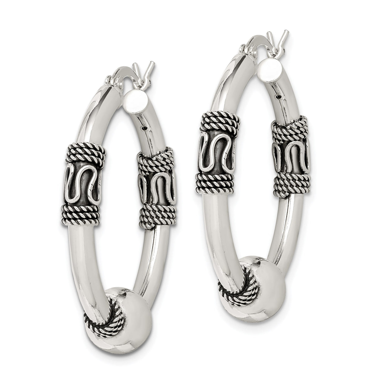 Sterling Silver Hoop Earrings with Rope Accents and Beaded Tribal Detail for Women