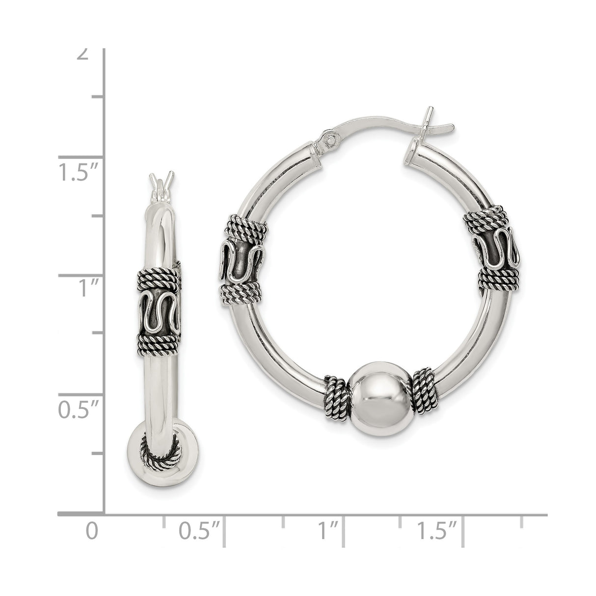 Sterling Silver Hoop Earrings with Rope Accents and Beaded Tribal Detail for Women