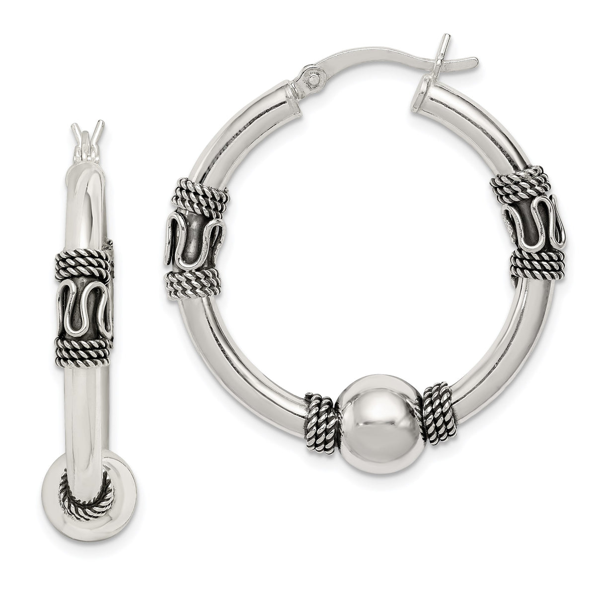 Sterling Silver Hoop Earrings with Rope Accents and Beaded Tribal Detail for Women