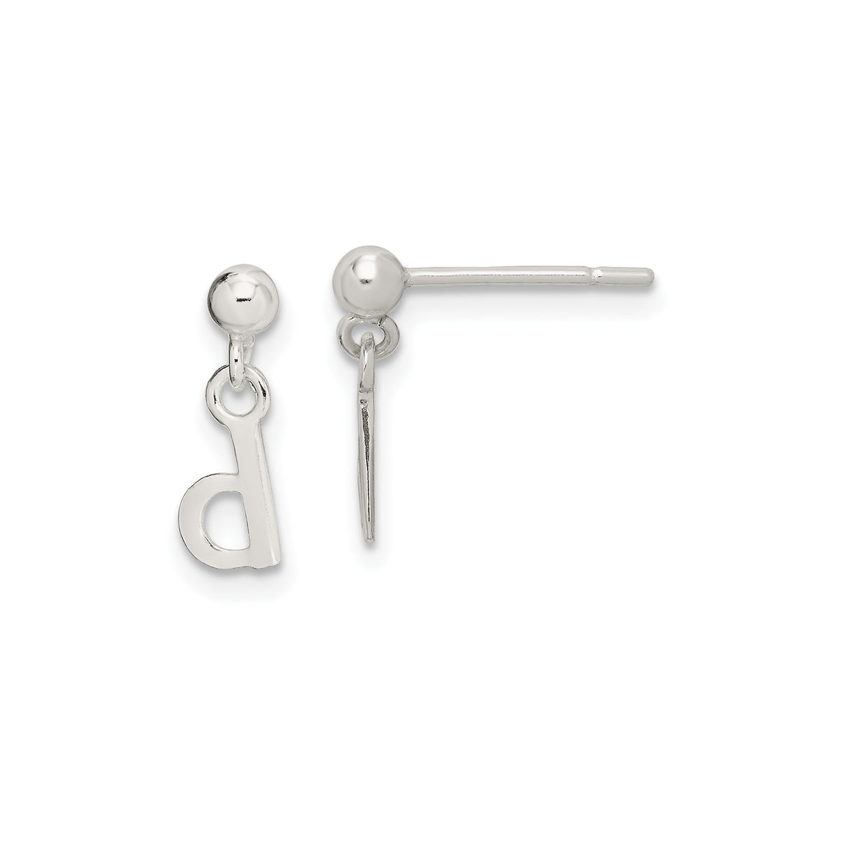 Sterling Silver Earrings, Lowercase Letter D Studs with Dangling Charm, Minimalist Design