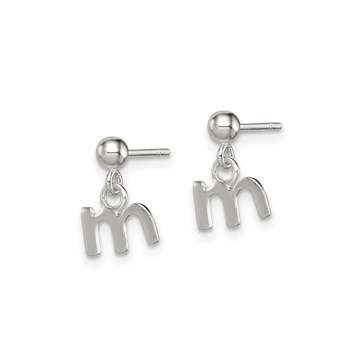 Sterling Silver Initial Stud Earrings with Dangling Lowercase M Charm, Minimalist Monogram Style