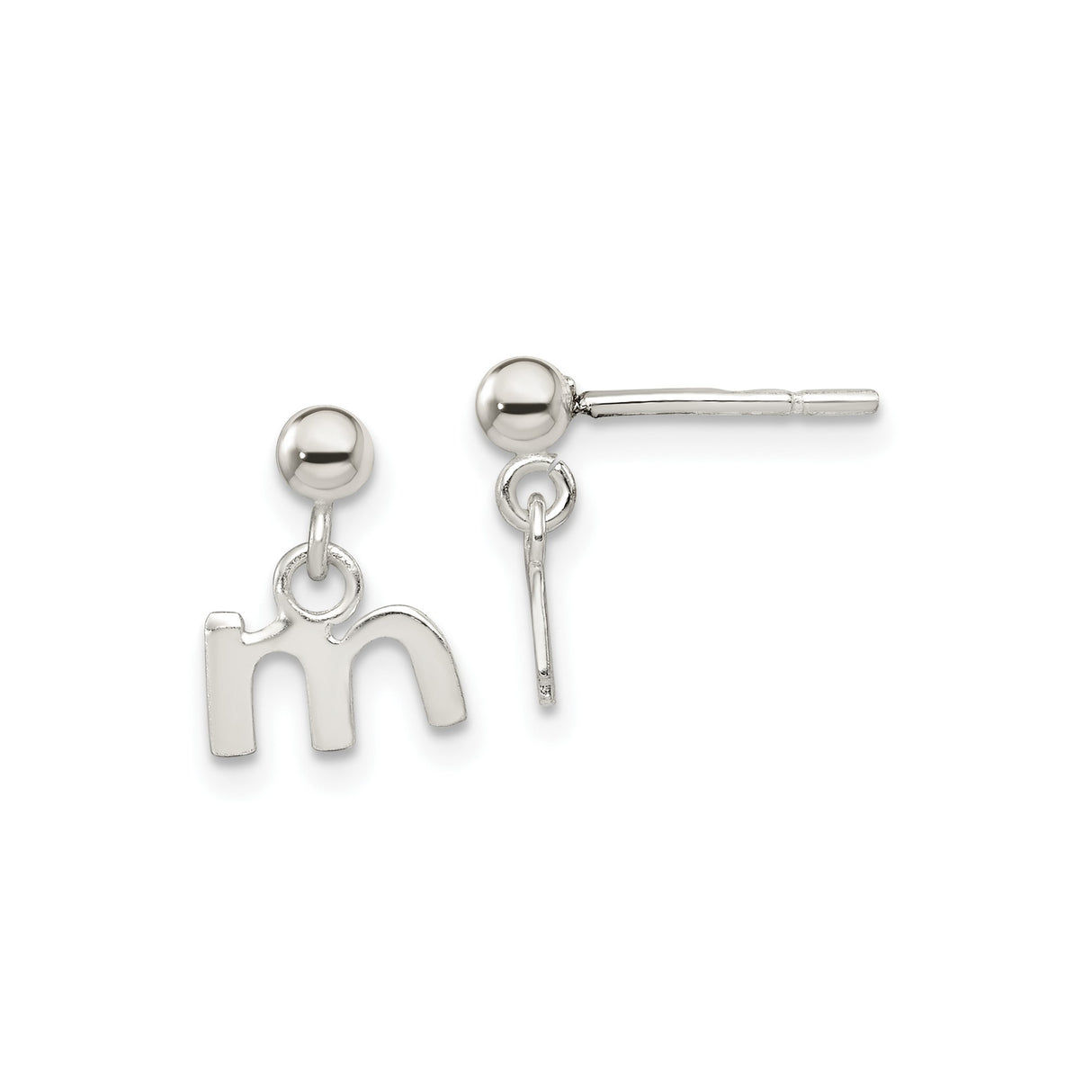 Sterling Silver Initial Stud Earrings with Dangling Lowercase M Charm, Minimalist Monogram Style