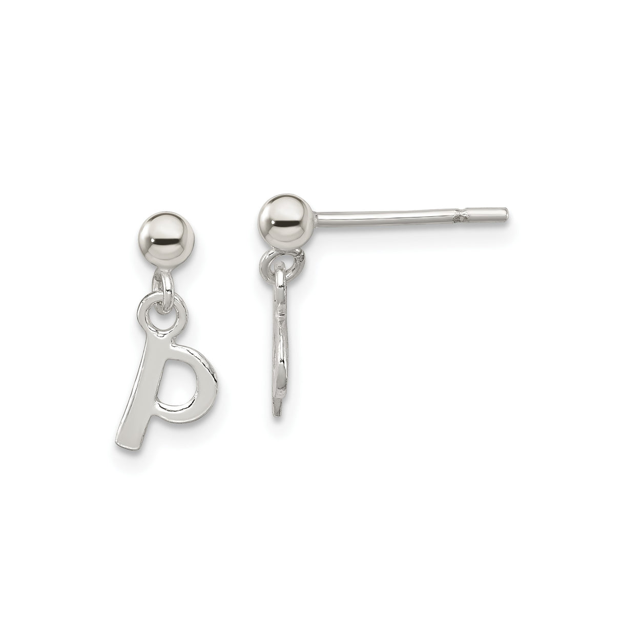 Sterling Silver Initial P Dangle Earrings, Polished Post Stud Monogram Design