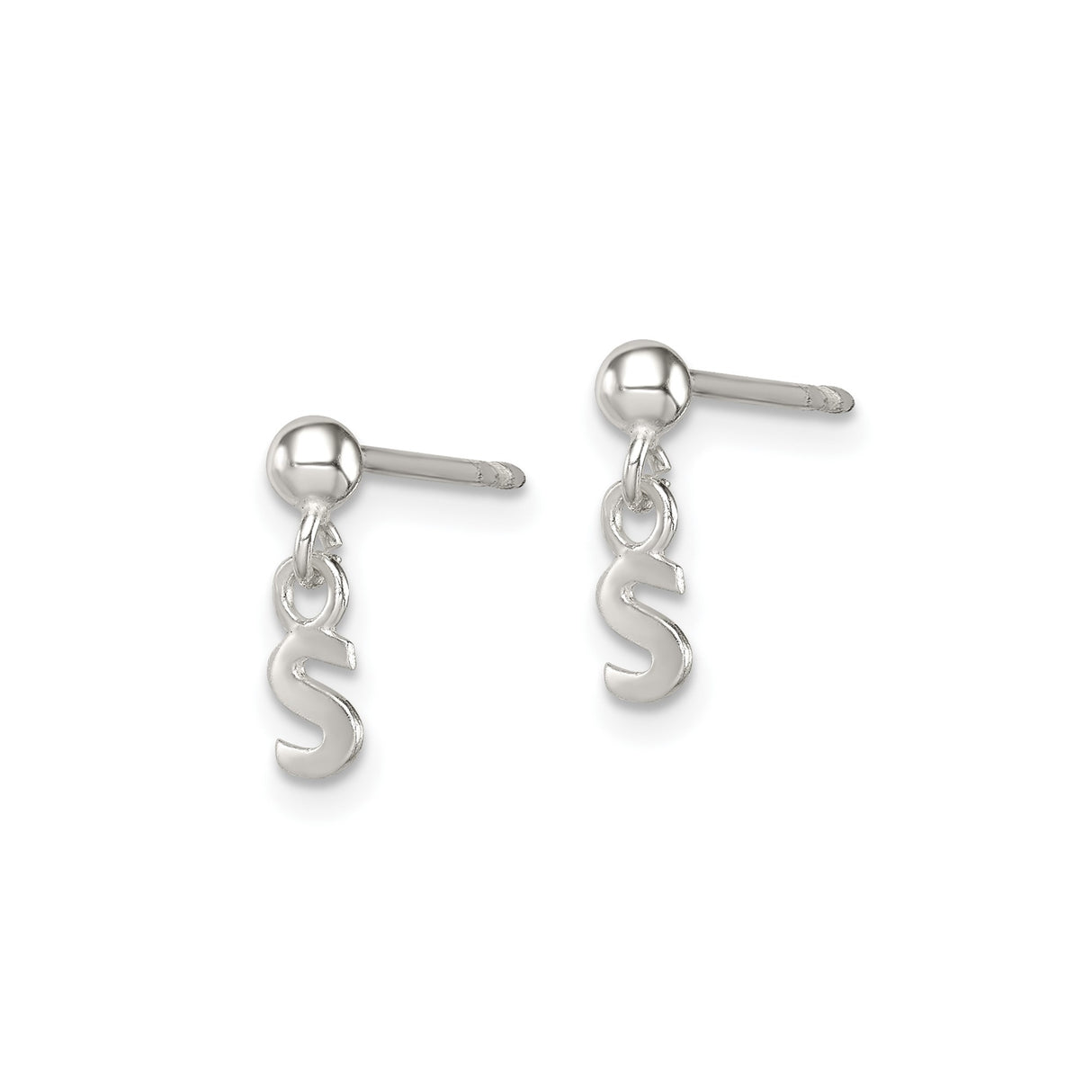 Sterling Silver Initial Stud Earrings with Dangling Letter S Charm, Minimalist Monogram Jewelry