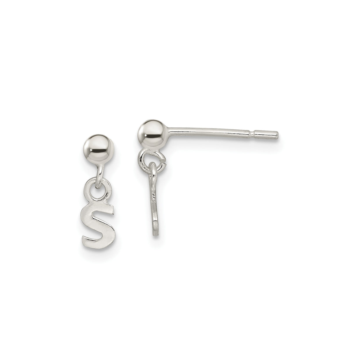 Sterling Silver Initial Stud Earrings with Dangling Letter S Charm, Minimalist Monogram Jewelry
