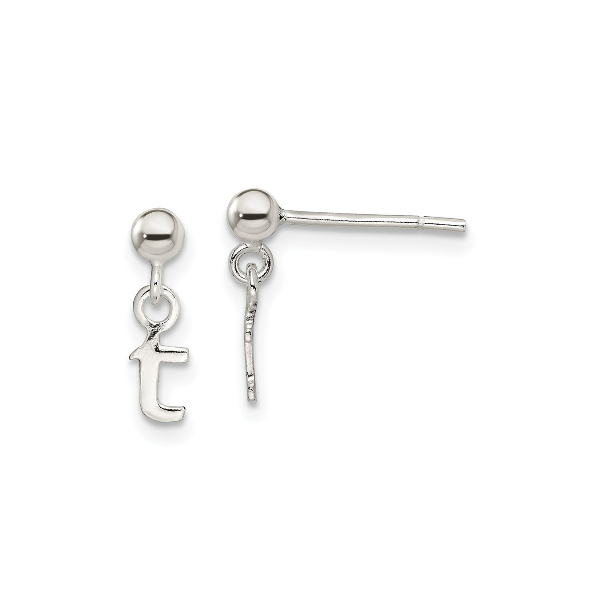Sterling Silver Stud Earrings with Dangling Lowercase T Initial Charm