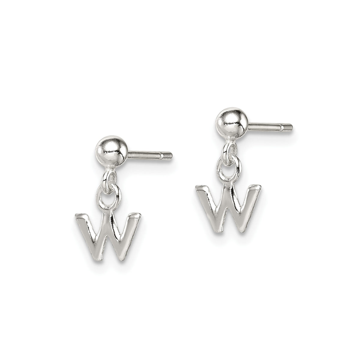 Sterling Silver Letter W Dangle Stud Earrings with Polished Ball Charm, Minimalist Alphabet Design