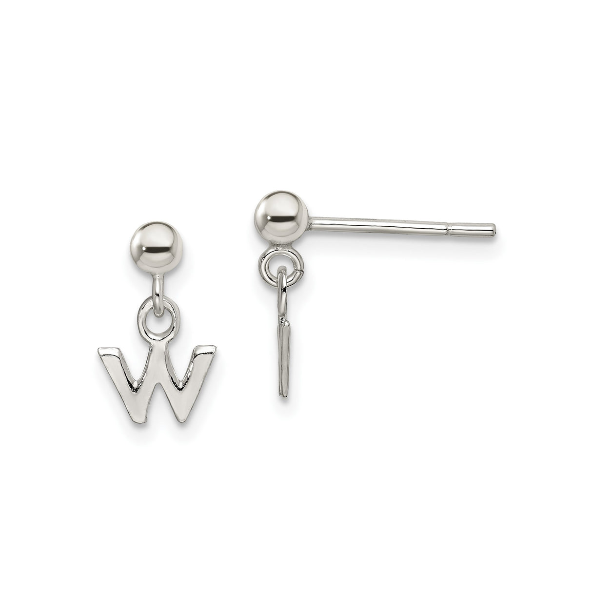 Sterling Silver Letter W Dangle Stud Earrings with Polished Ball Charm, Minimalist Alphabet Design