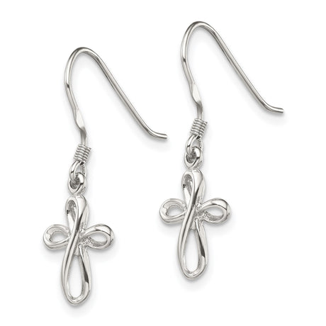 Sterling Silver Dangle Cross Earrings with Infinity Loop Design and Mirror Finish