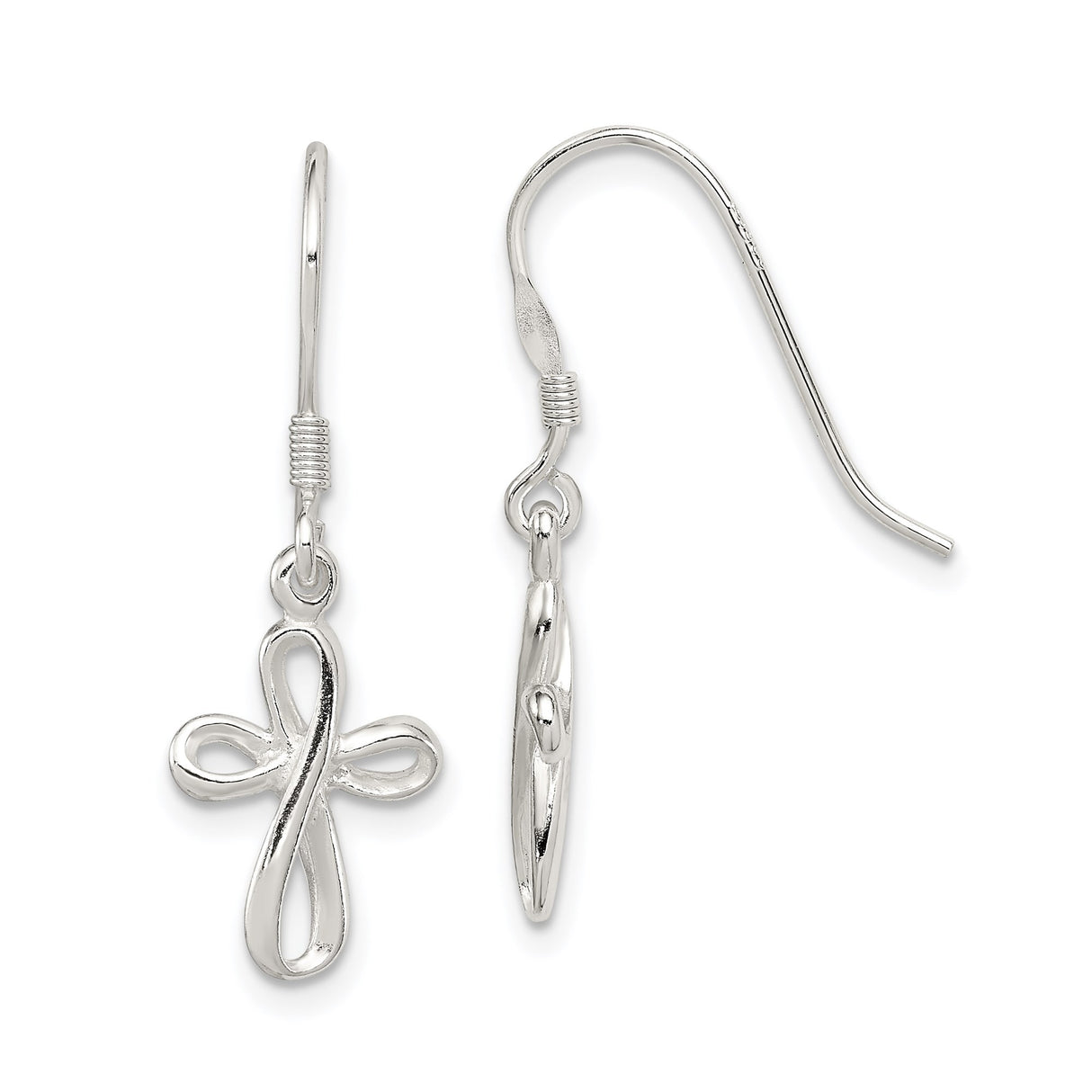 Sterling Silver Dangle Cross Earrings with Infinity Loop Design and Mirror Finish