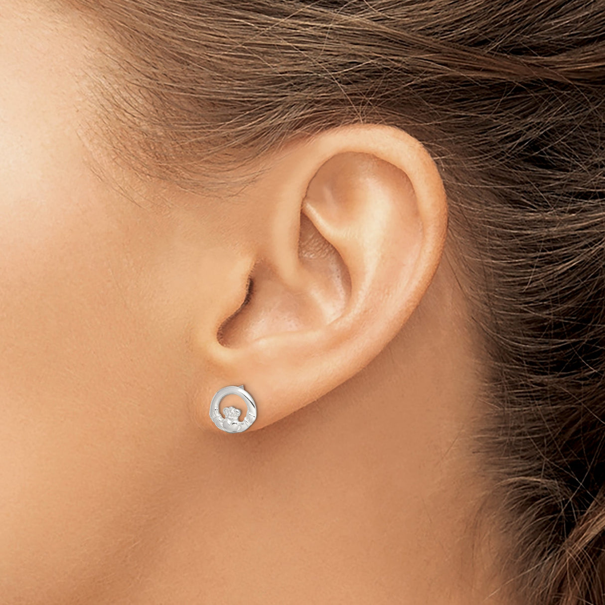 Sterling Silver Claddagh Stud Earrings with Hands Heart Crown Celtic Design